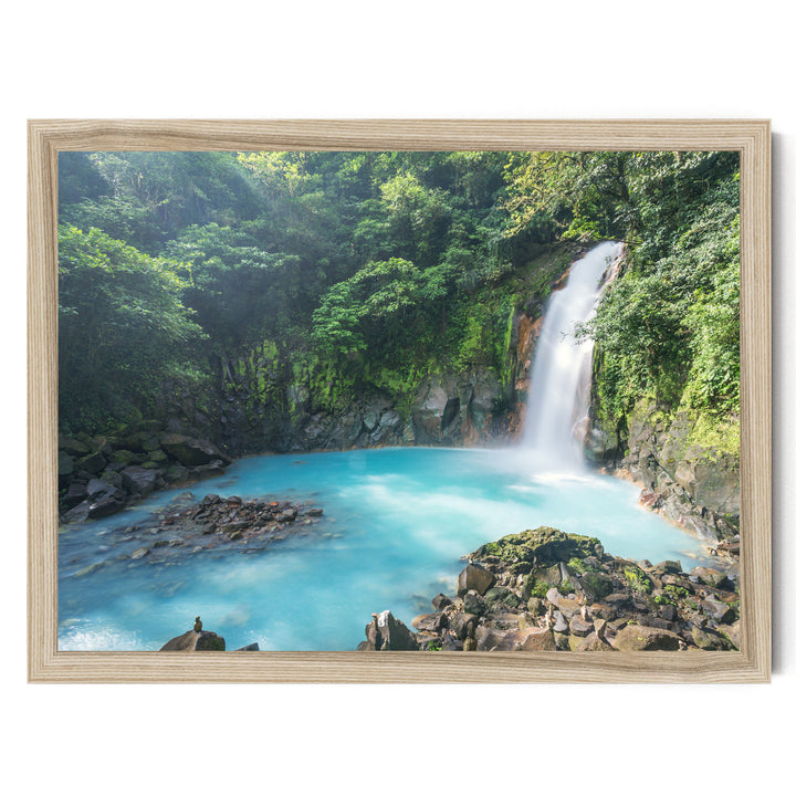 A serene waterfall cascades into a turquoise pool surrounded by lush, verdant foliage in a tranquil forest setting.