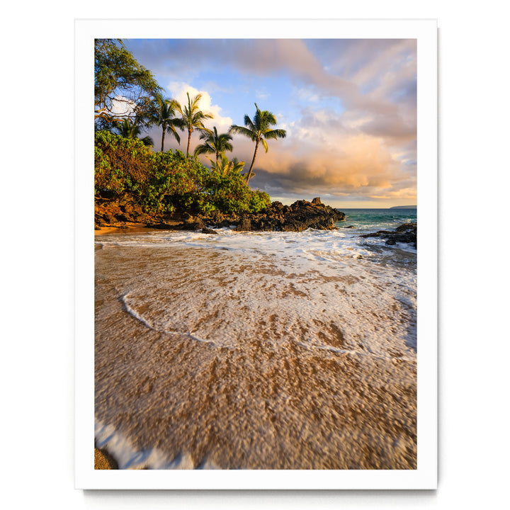 a serene beach scene with palm trees, a rocky outcropping, and crashing waves. The sky is filled with clouds, creating a dramatic backdrop for the tranquil beach setting.