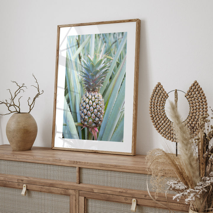 a framed photograph of a pineapple on a shelf, surrounded by decorative items such as a vase and a woven object.