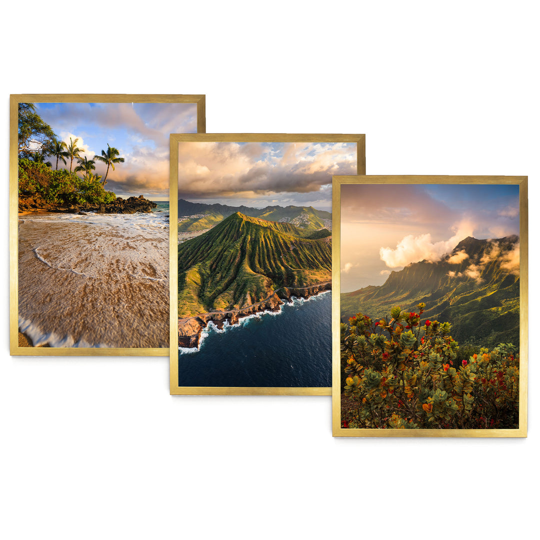 The image is a collage of three pictures depicting various landscapes, including a beach, mountains, and a coastal area.