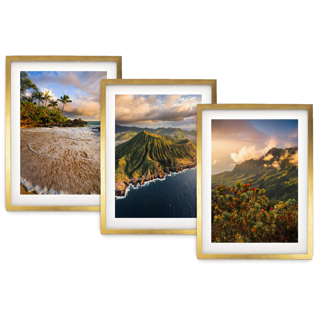 three framed pictures, each depicting a different landscape scene. The first picture shows a beach with palm trees, the second picture depicts a mountainous coastline with a winding path, and the third picture features a mountainous area with colorful flowers.