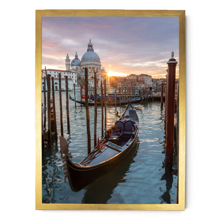 a serene scene of a gondola floating on the water, with a picturesque view of the Grand Canal in Venice, Italy, and the iconic St. Mark's Basilica in the background.