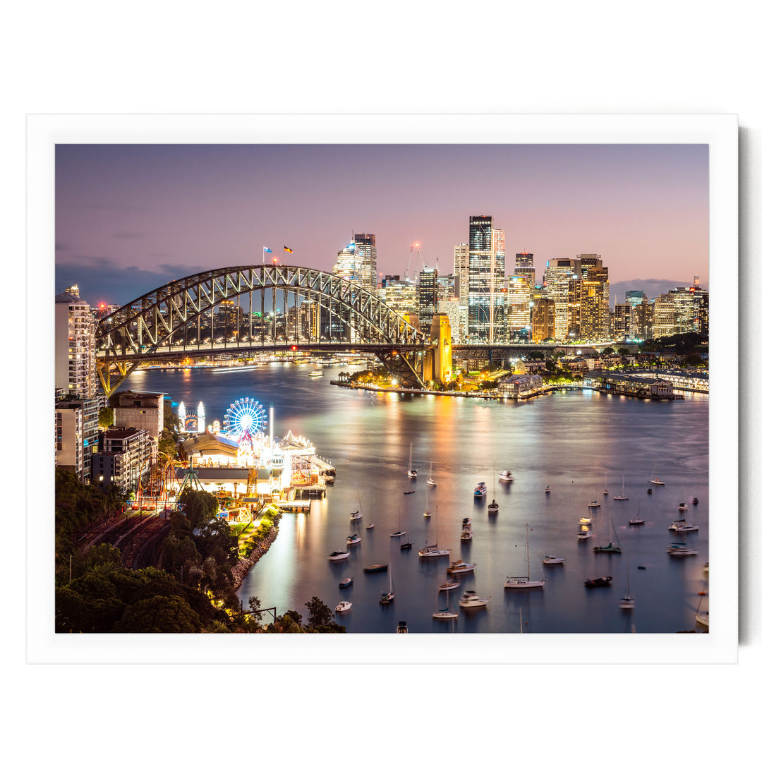 a vibrant cityscape at night, with a large bridge spanning a body of water and numerous boats dotting the water. The city skyline is illuminated by the lights of the buildings, creating a stunning and captivating scene.