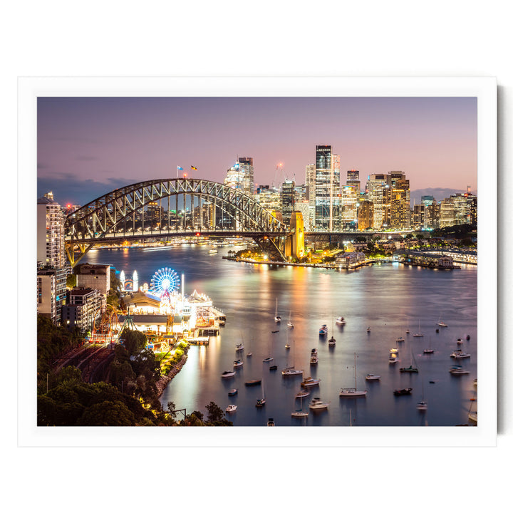 a vibrant cityscape at night, with a large bridge spanning a body of water and numerous boats dotting the water. The city skyline is illuminated by the lights of the buildings, creating a stunning and captivating scene.