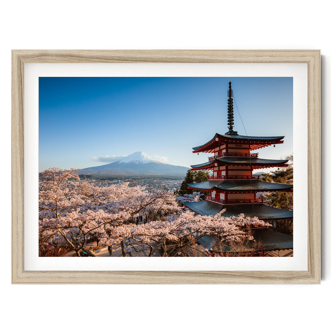 A framed photograph depicting a traditional Japanese pagoda overlooking a mountainous landscape with cherry blossoms in full bloom.