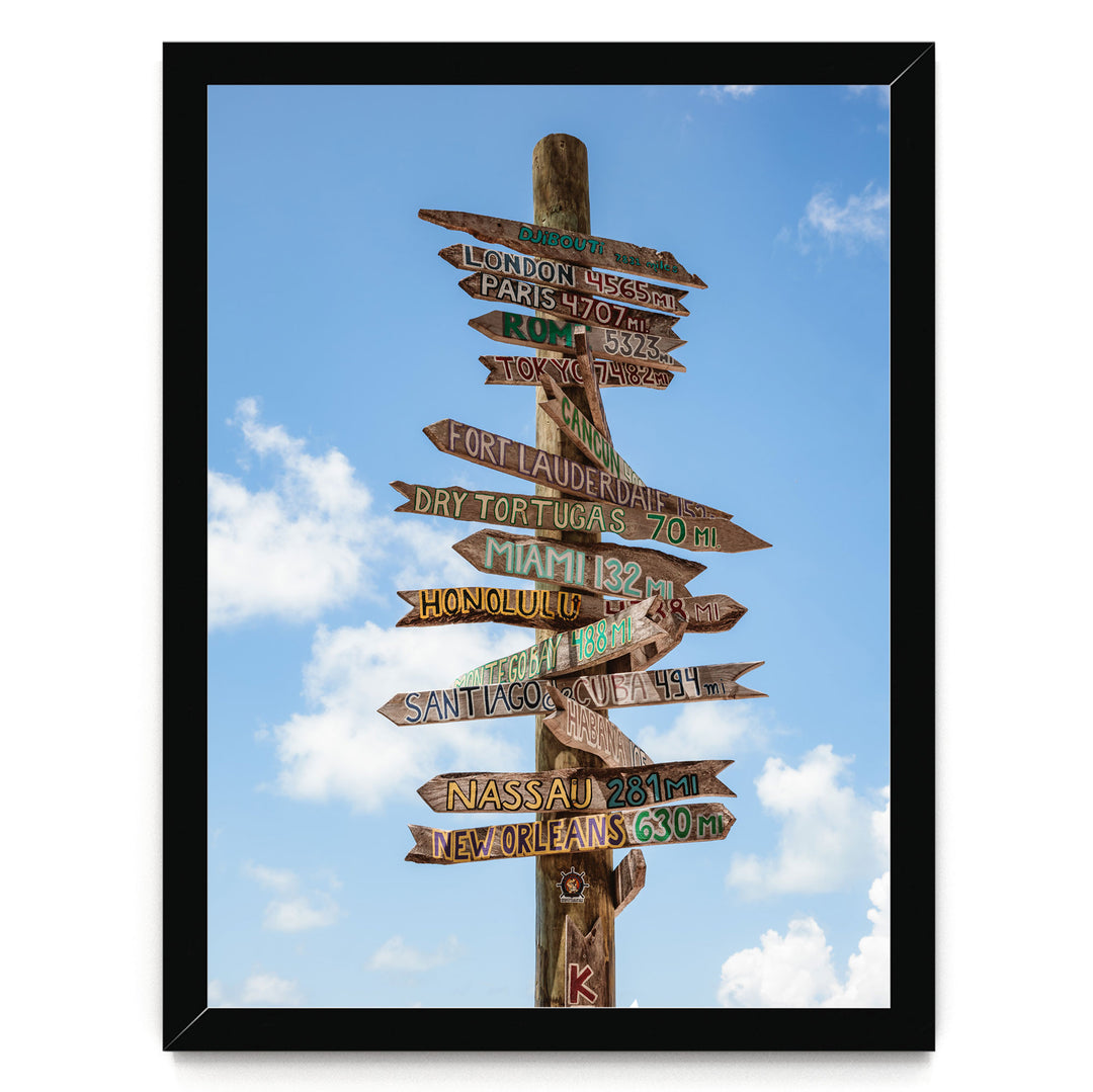 a wooden signpost with various destinations written on it, pointing in different directions against a blue sky with clouds.