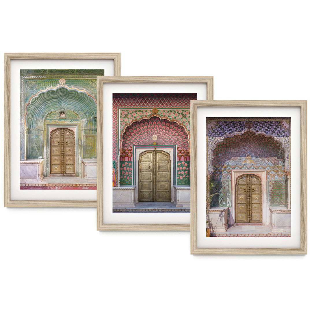 three framed photographs of ornate, colorful doorways.