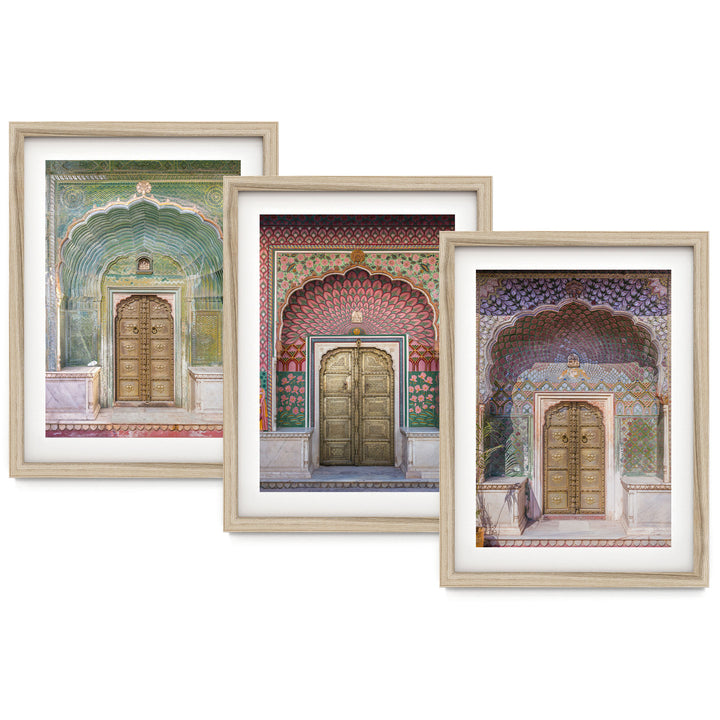 three framed photographs of ornate, colorful doorways.