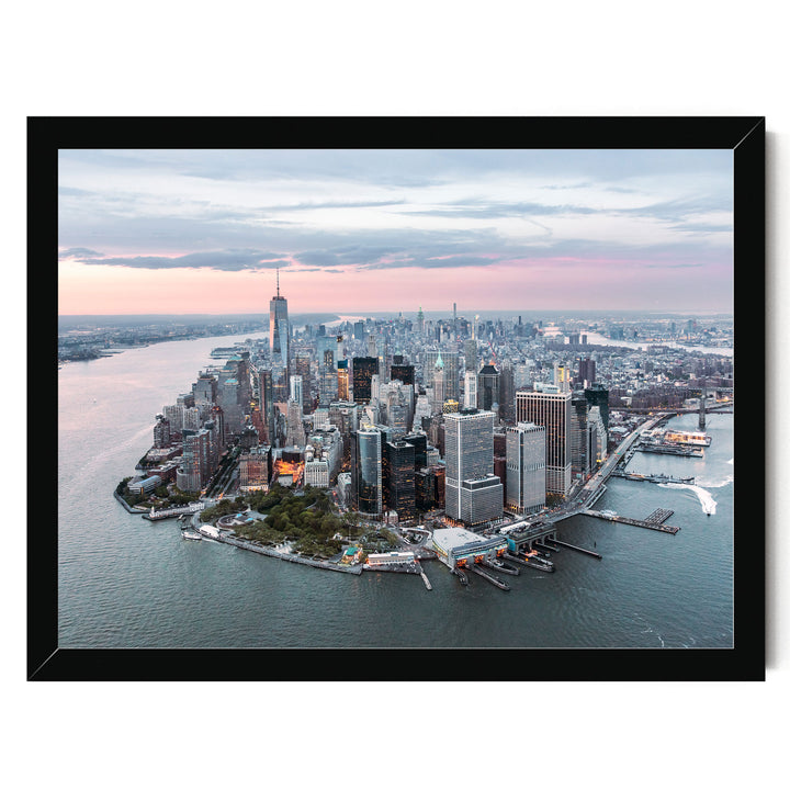 The image is an aerial view of the New York City skyline, showcasing the city's iconic skyscrapers and waterfront.