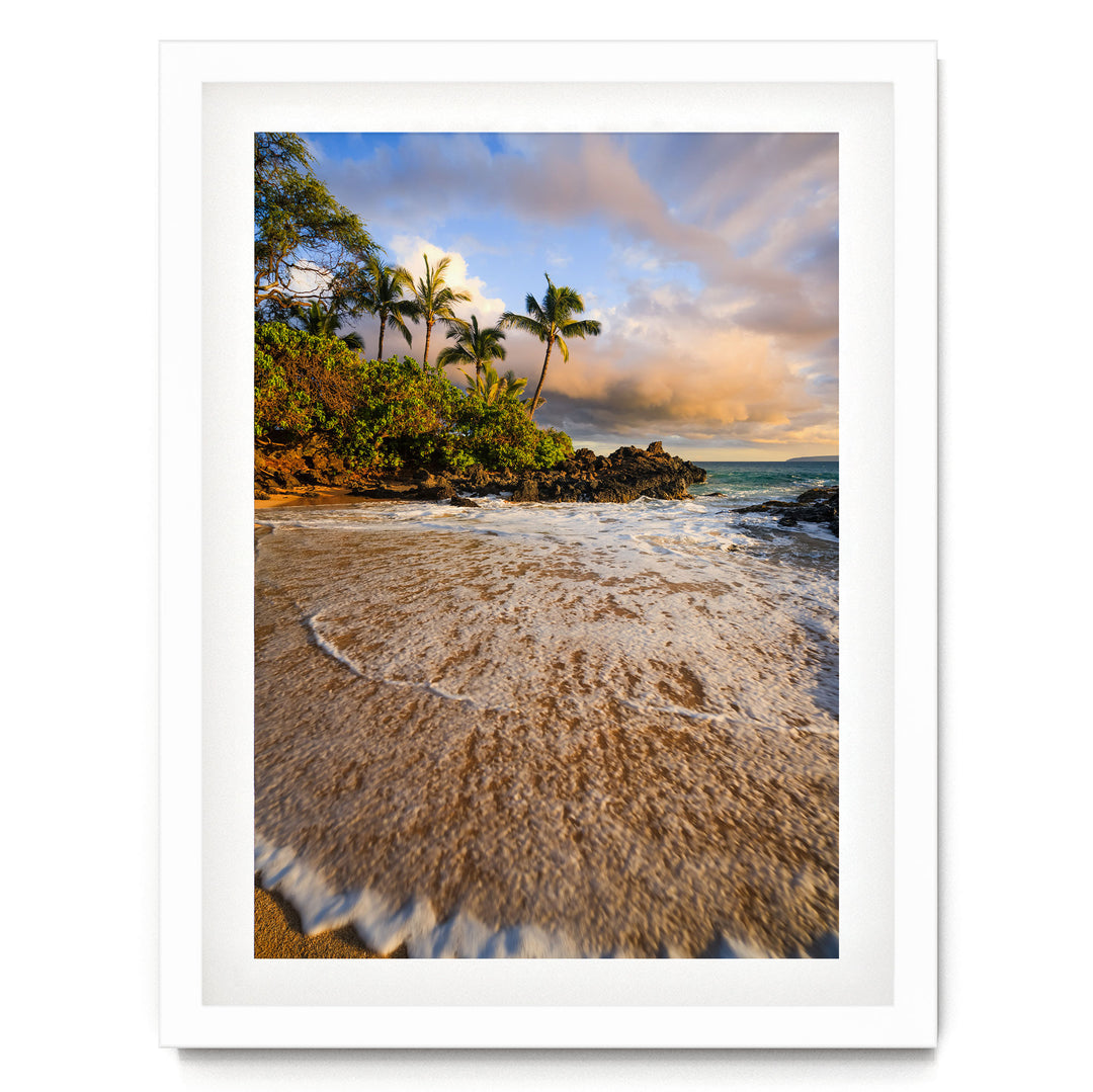 a serene beach scene with palm trees, a rocky shoreline, and crashing waves.