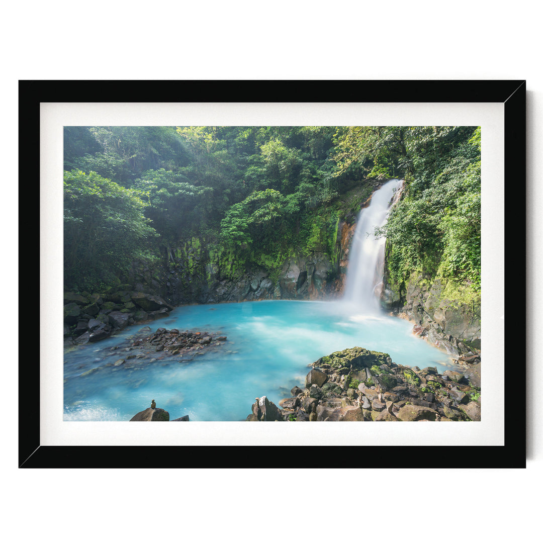 A serene waterfall cascades into a turquoise pool surrounded by lush, verdant foliage in a tranquil forest setting.