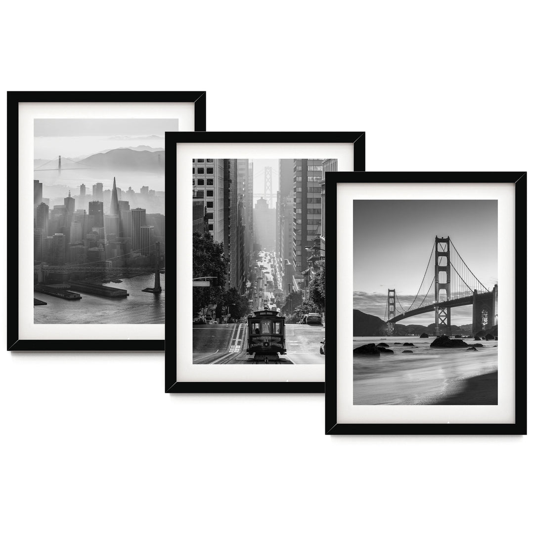 The image is a collage of three black and white photographs depicting different scenes in a city, including a trolley car, a bridge, and a cityscape.