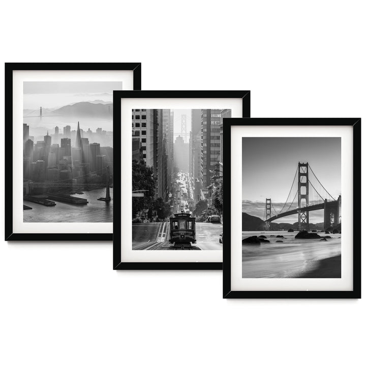 The image is a collage of three black and white photographs depicting different scenes in a city, including a trolley car, a bridge, and a cityscape.