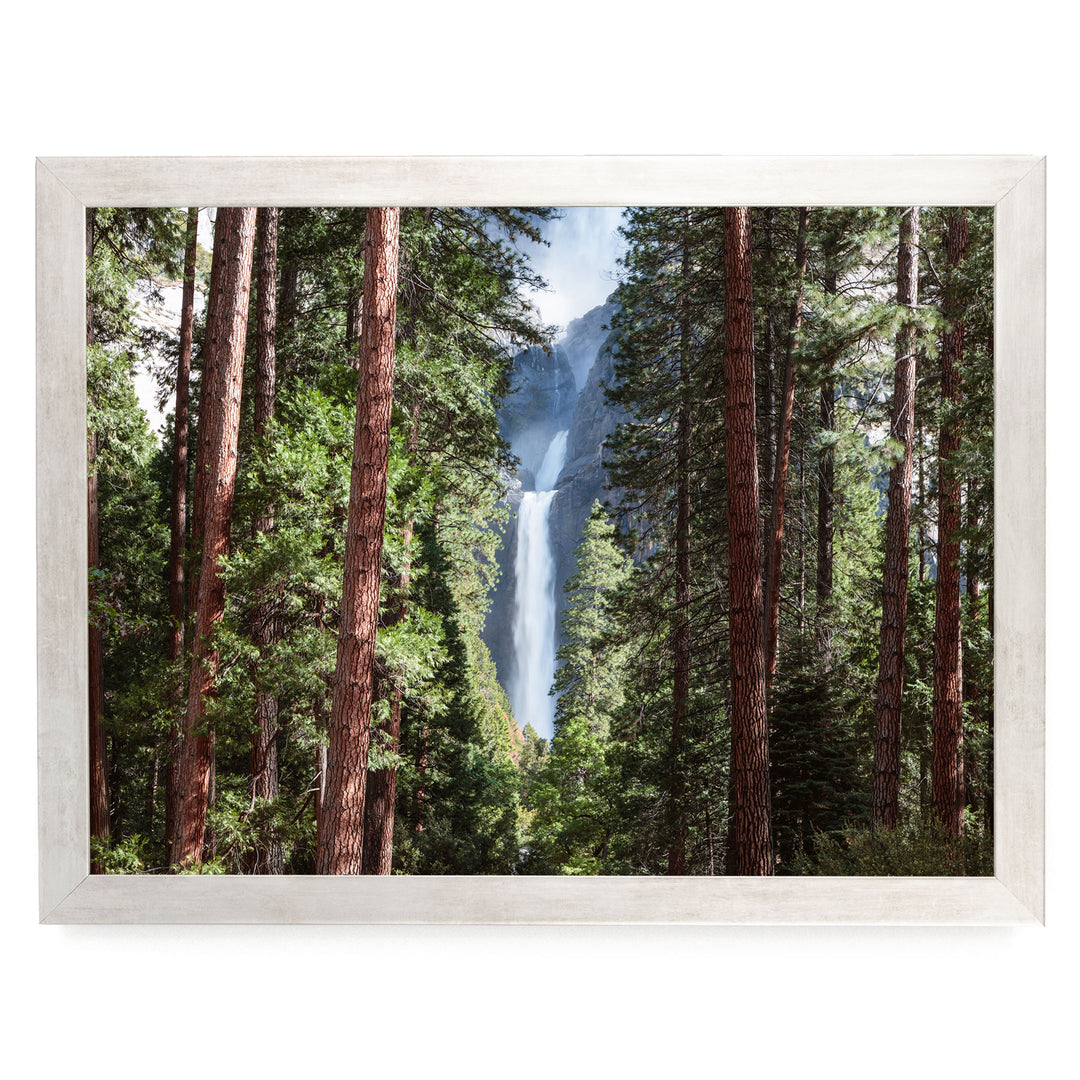 a serene forest scene with a majestic waterfall cascading through the trees, surrounded by lush greenery.