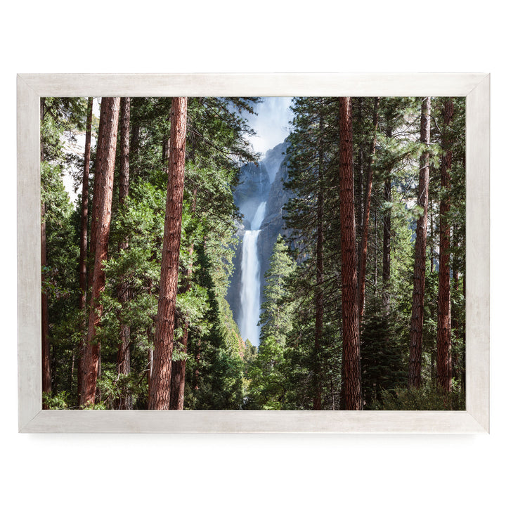 a serene forest scene with a majestic waterfall cascading through the trees, surrounded by lush greenery.