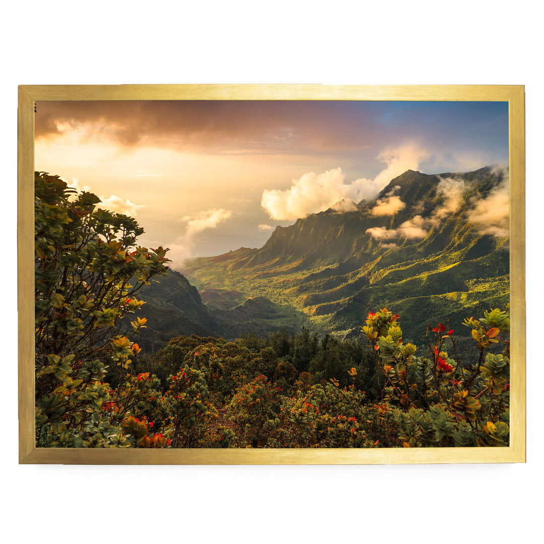 a breathtaking mountainous landscape with lush greenery, vibrant flowers, and a dramatic sky filled with clouds.
