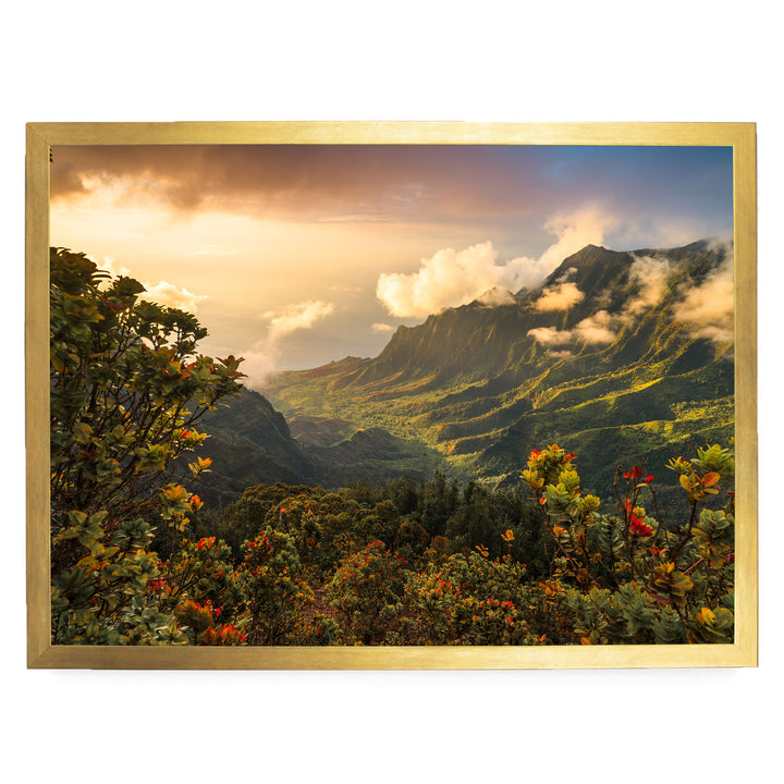 a breathtaking mountainous landscape with lush greenery, vibrant flowers, and a dramatic sky filled with clouds.