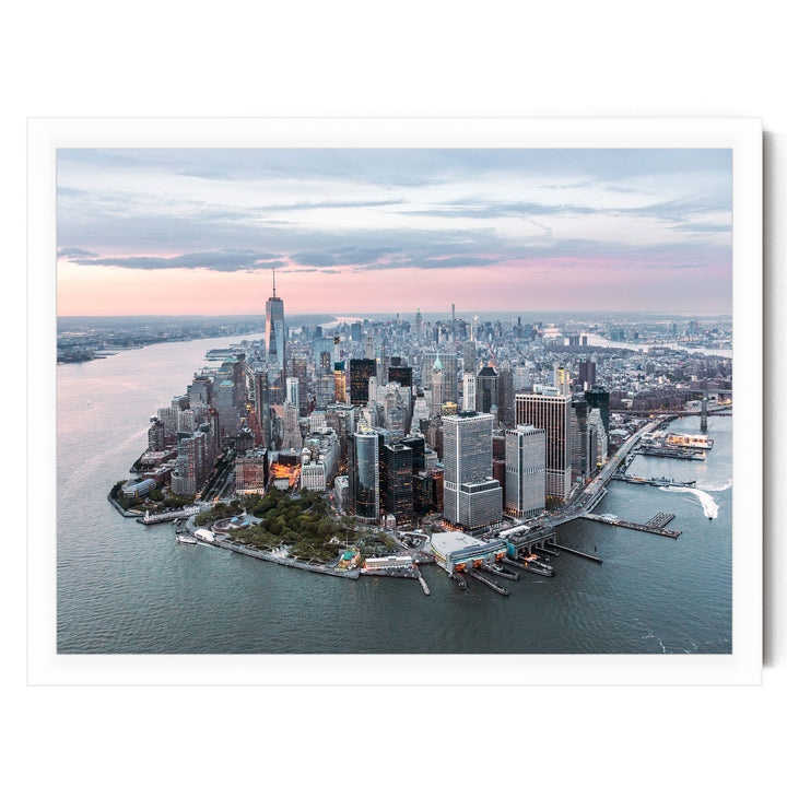 An aerial view of the New York City skyline, showcasing the iconic skyscrapers and waterways of the city.