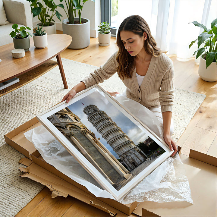 Woman unboxing a framed Leaning Tower of Pisa print at home