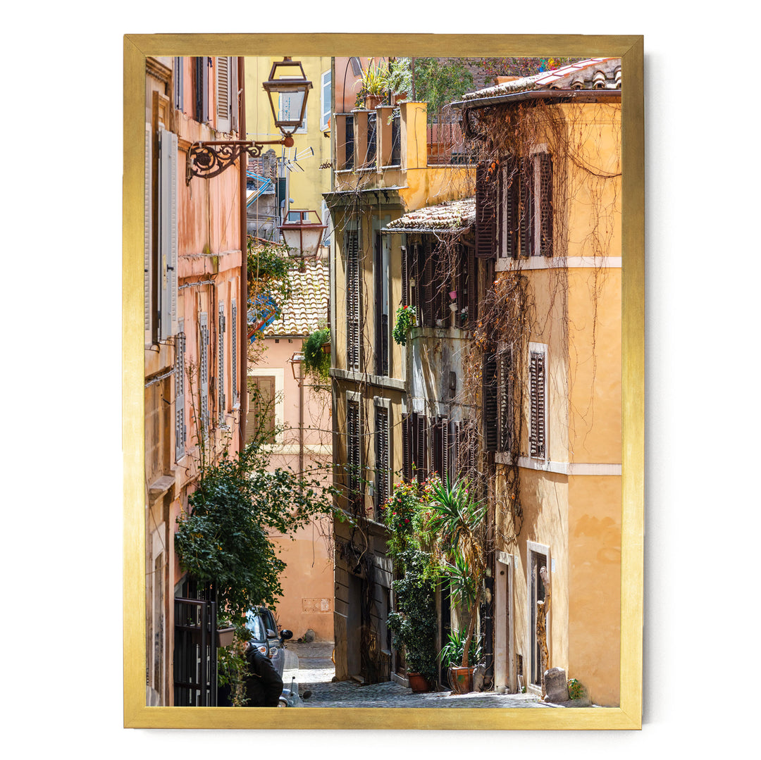 a narrow, charming street lined with colorful buildings, lush greenery, and a variety of potted plants.