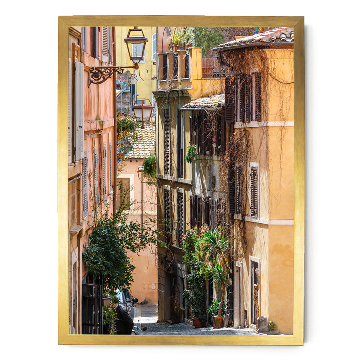 a narrow, charming street lined with colorful buildings, lush greenery, and a variety of potted plants.