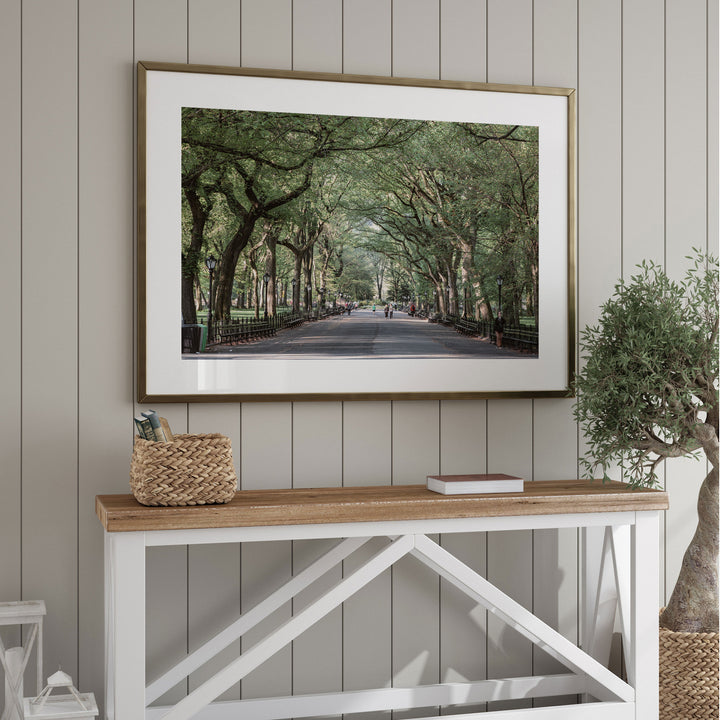 a white console table with a woven basket on top, and a framed photograph of a tree-lined street is hanging above it.