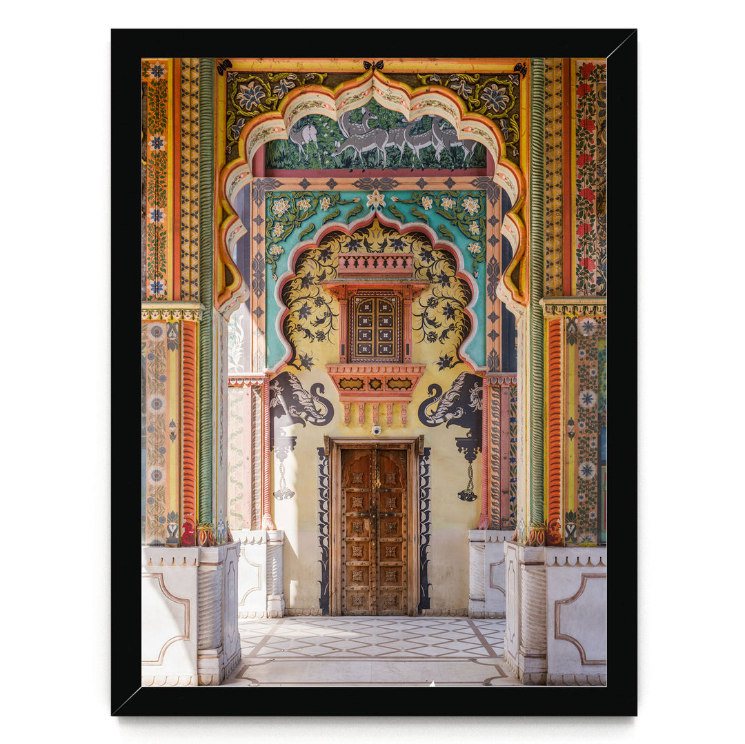 a colorful and ornate doorway with intricate patterns and designs, including a wooden door and decorative elements.