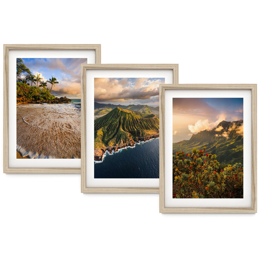 The image is a collage of three framed pictures, each depicting a different landscape scene. The first picture shows a beach with palm trees, the second picture depicts a mountainous coastline with a valley, and the third picture features a lush, forested area with a body of water.