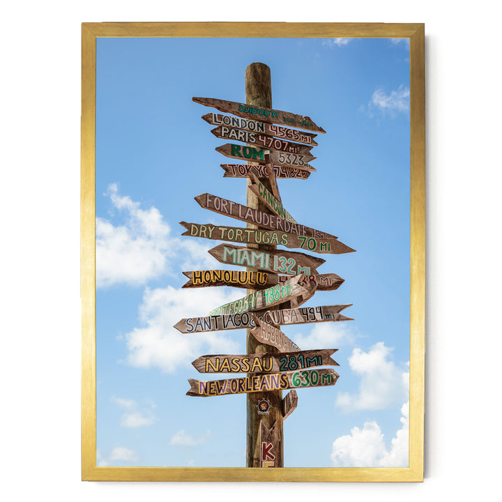 a wooden signpost with various destinations written on it, set against a blue sky with clouds.