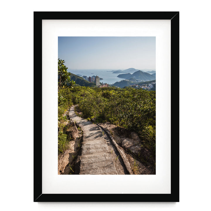 a framed photograph of a path leading to the ocean