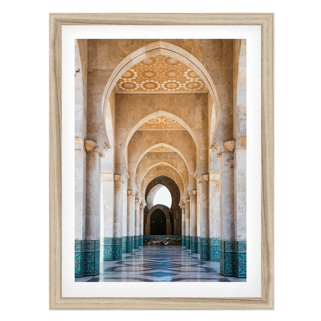 a long, ornate hallway with arched doorways and columns, creating a sense of depth and perspective.