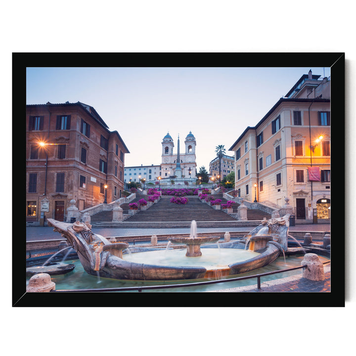 a picturesque scene of a fountain surrounded by ornate statues and buildings, with a church steeple visible in the background.