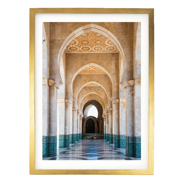 a long, ornate hallway with arched doorways and columns, creating a sense of depth and grandeur.