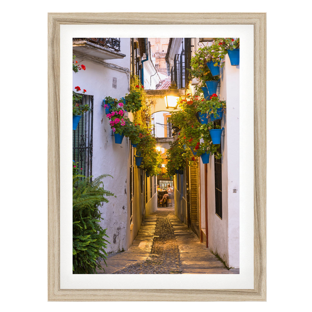 A narrow cobblestone street lined with colorful flower pots and plants, leading to a building with a balcony and a person walking down the street.