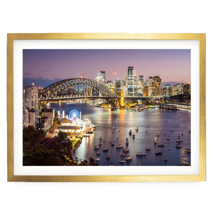 a city skyline at night, with a large bridge spanning a body of water and numerous boats scattered throughout the scene.