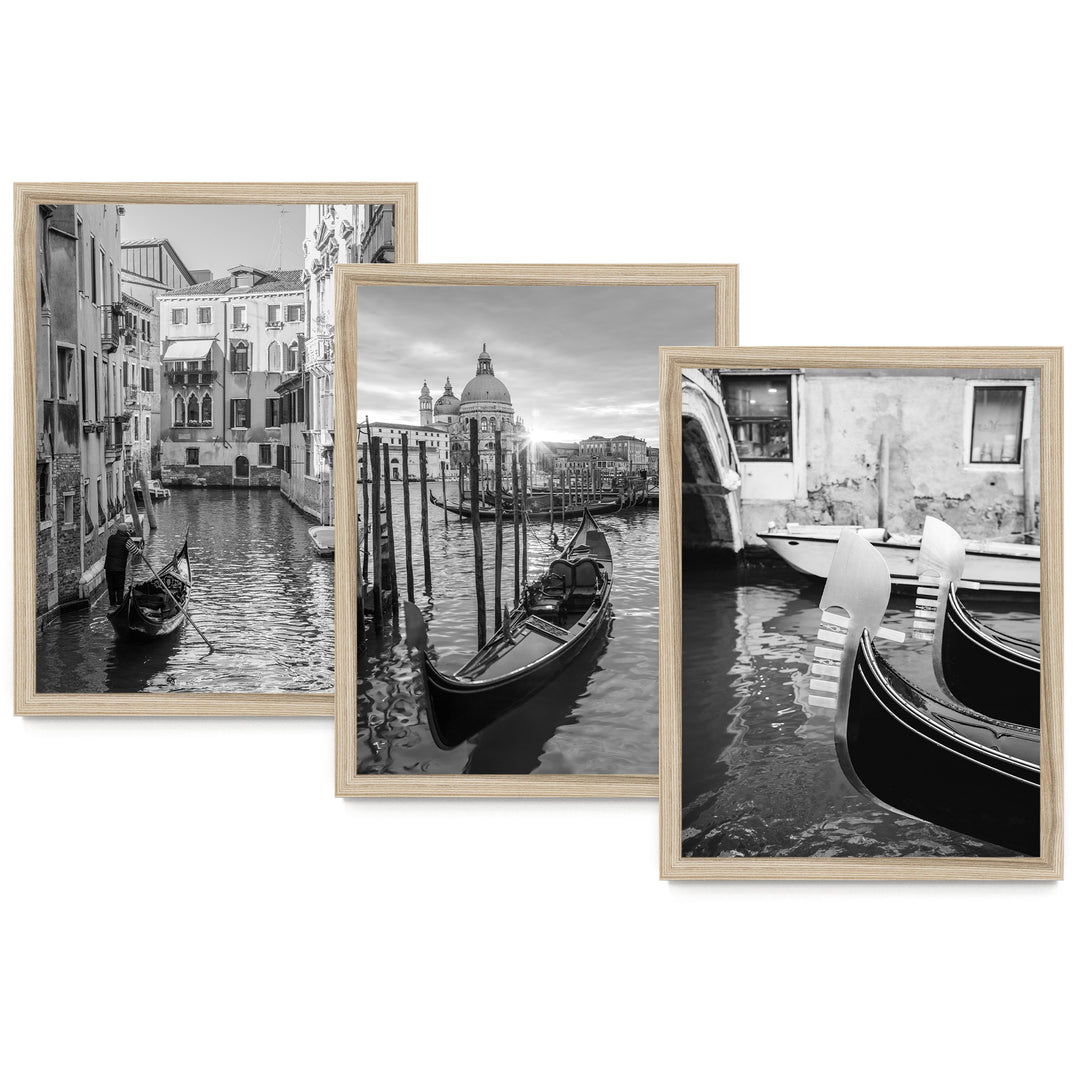 The image is a collage of three black and white photographs depicting gondolas on a canal in Venice, Italy.