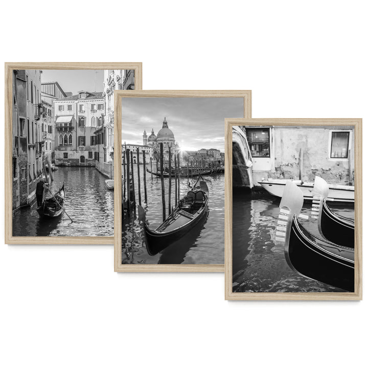 The image is a collage of three black and white photographs depicting gondolas on a canal in Venice, Italy.