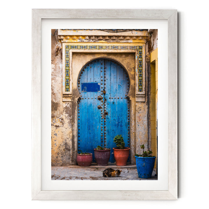 A blue wooden door with a decorative archway, flanked by two potted plants, and a cat resting on the ground in front of the door.