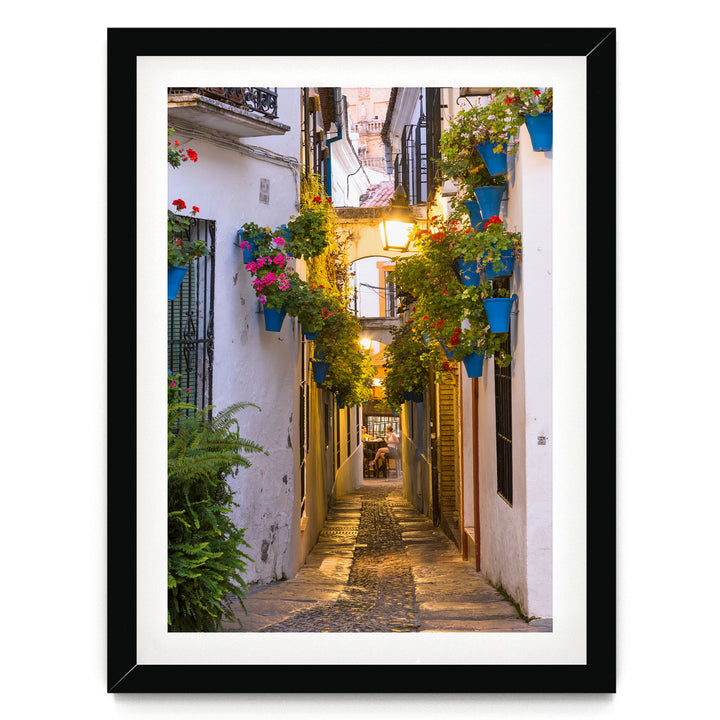 A narrow cobblestone street lined with colorful flower pots and plants, leading to a building with a balcony and a person sitting on a bench.
