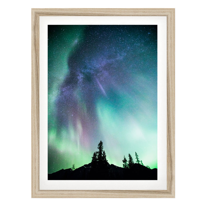 a stunning night sky with a vibrant display of the Aurora Borealis, or Northern Lights, illuminating the surrounding landscape. The silhouettes of trees can be seen in the foreground, adding a sense of depth and scale to the scene.