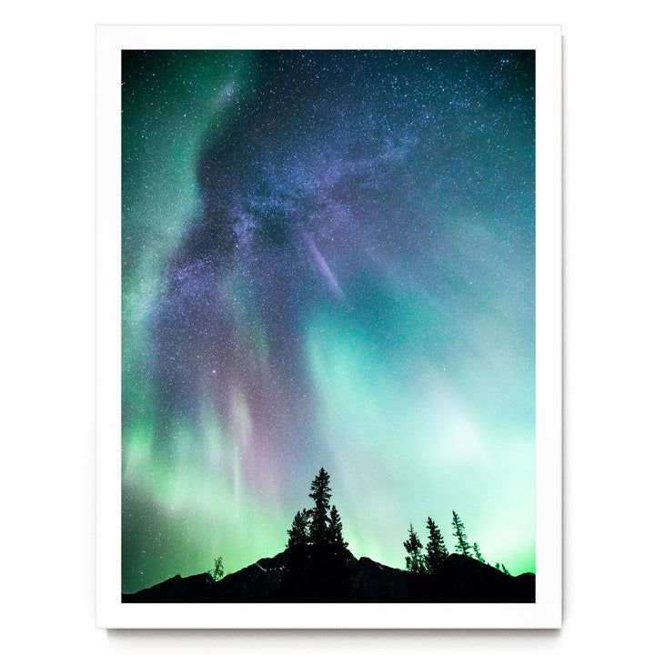a stunning night sky with a vibrant display of the Aurora Borealis, or Northern Lights, illuminating the surrounding landscape. The silhouettes of trees can be seen in the foreground, adding a sense of depth and scale to the scene. The colors in the sky are a mix of green, blue, purple, and pink, creating a mesmerizing and otherworldly atmosphere.