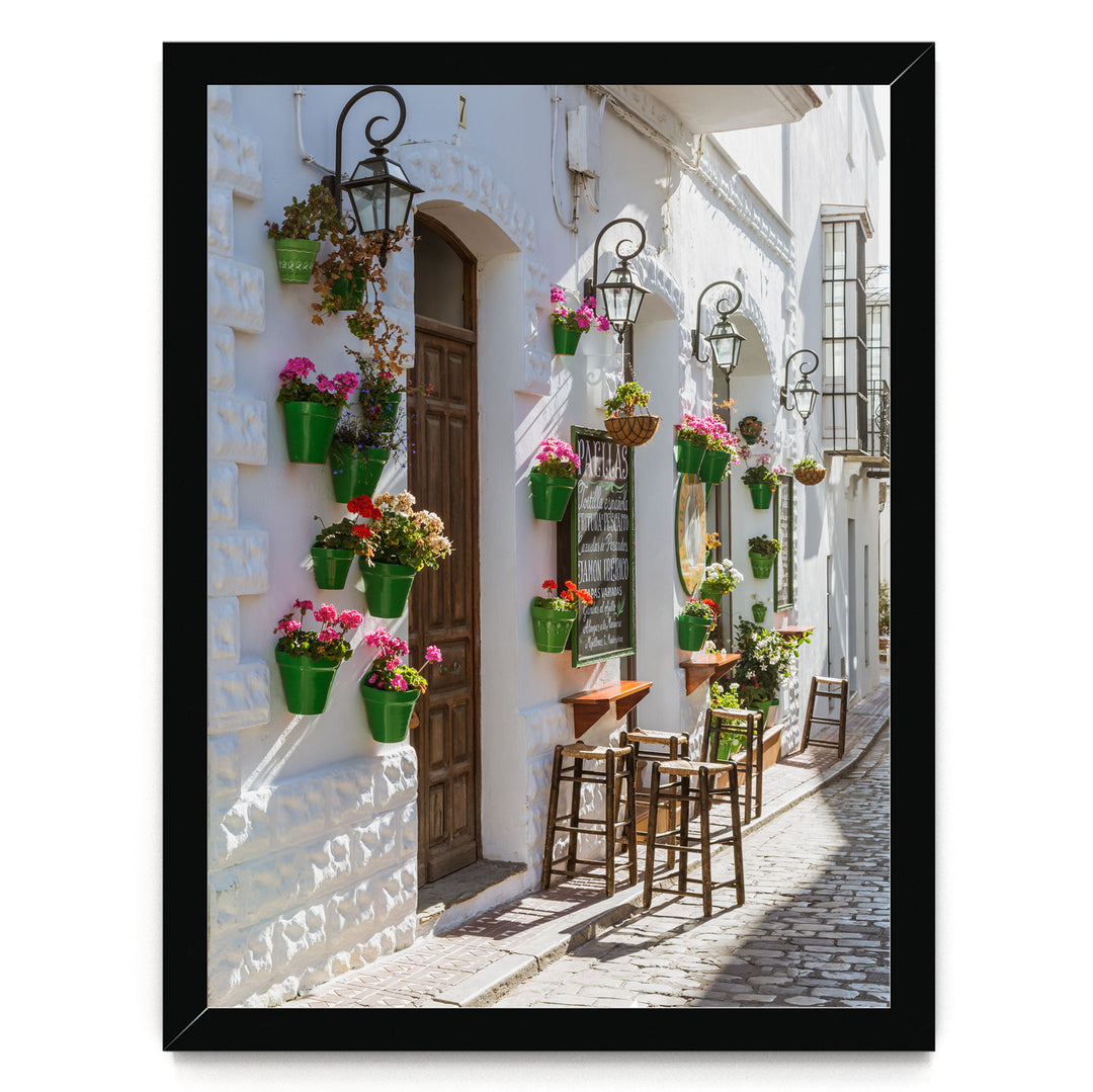 A charming street scene with white buildings adorned with hanging flower pots and green planters, creating a vibrant and inviting atmosphere.