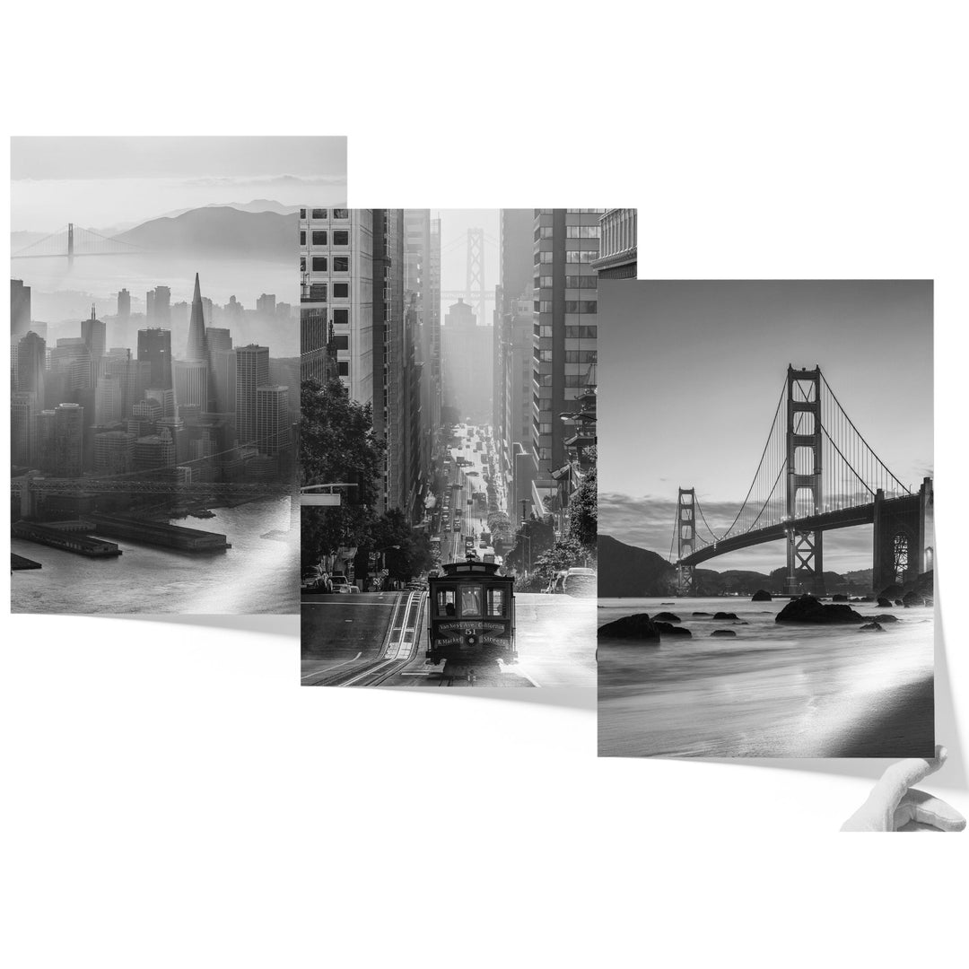 The image is a collage of three black and white photographs depicting various scenes from San Francisco, including the Golden Gate Bridge, the city skyline, and a trolley car.