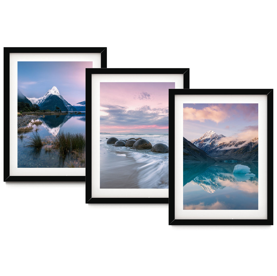 The image is a collage of three framed landscape photographs depicting various scenic mountain and beach landscapes.