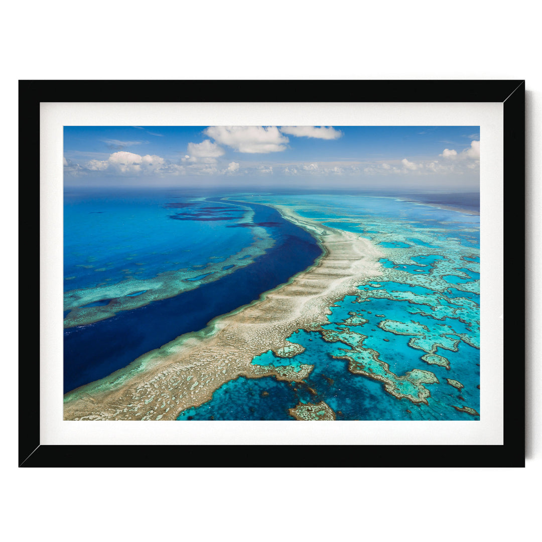 The image is a stunning aerial view of a vibrant coral reef, showcasing the intricate and diverse ecosystem beneath the ocean's surface.
