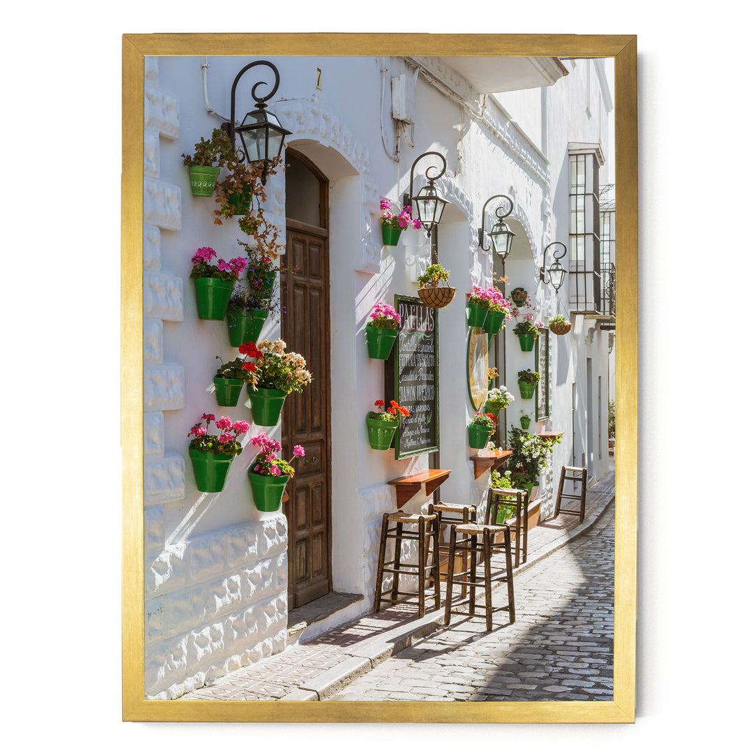 A charming street scene with white buildings adorned with hanging flower pots and green planters, creating a vibrant and inviting atmosphere.
