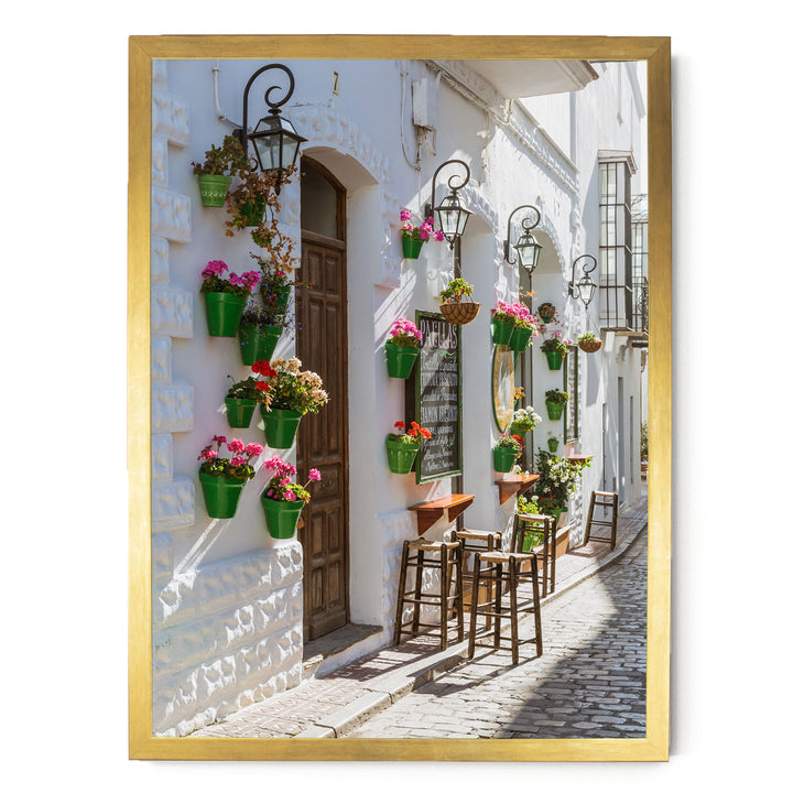A charming street scene with white buildings adorned with hanging flower pots and green planters, creating a vibrant and inviting atmosphere.
