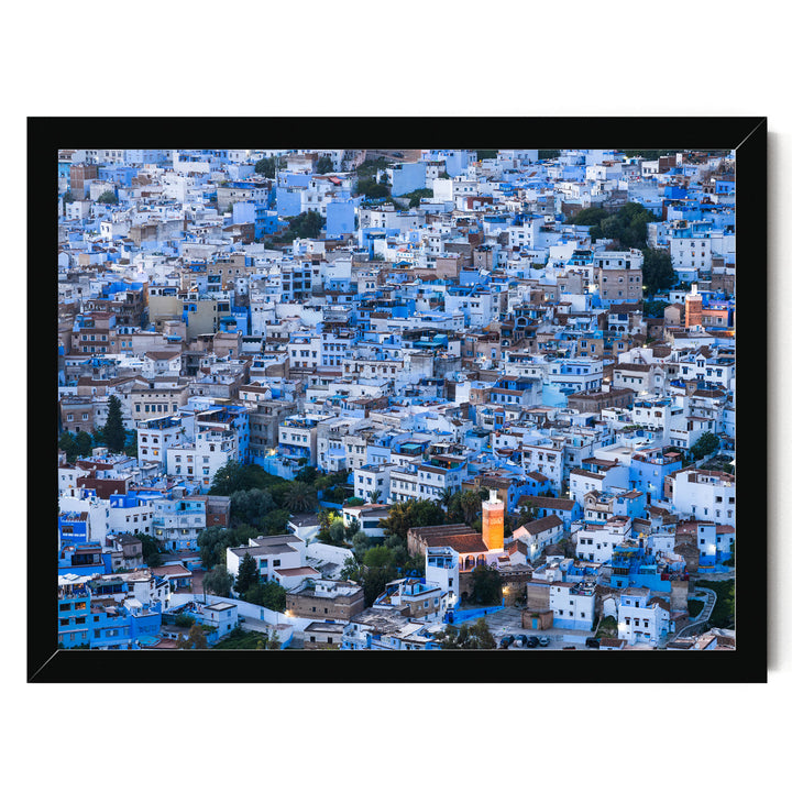 The image is a densely packed cityscape with numerous buildings in shades of blue and white, creating a visually striking and vibrant urban landscape.
