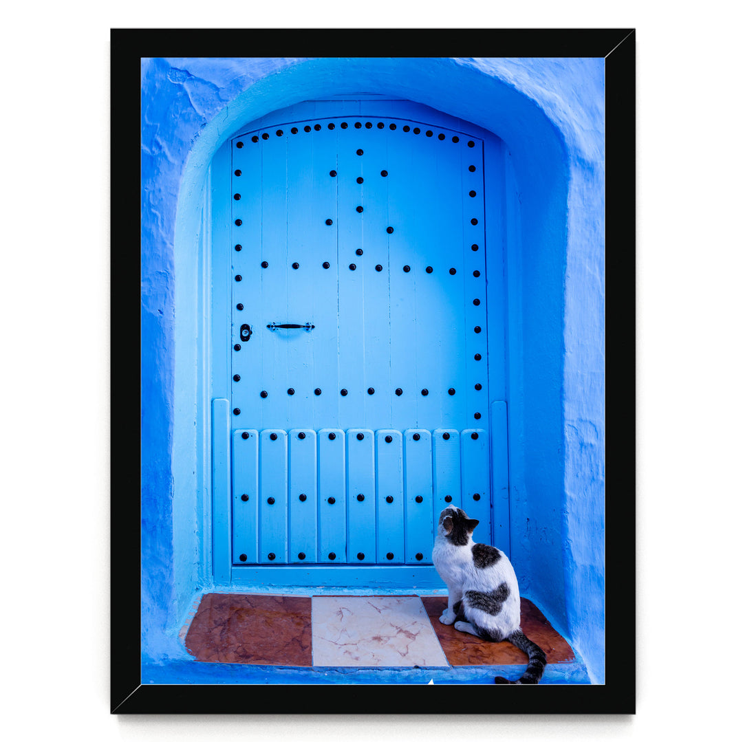 A black and white cat sits on a brown and white tile floor in front of a blue wooden door with a decorative pattern.