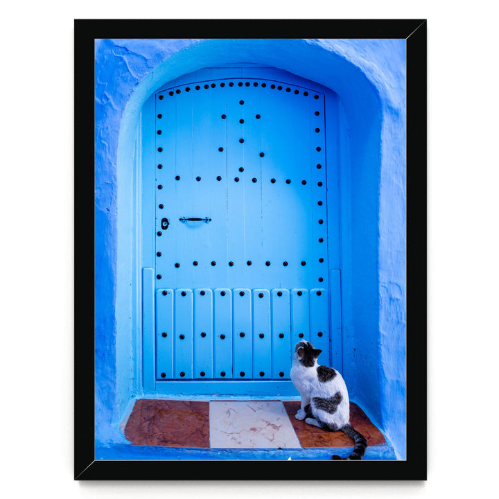 A black and white cat sits on a brown and white tile floor in front of a blue wooden door with a decorative pattern.